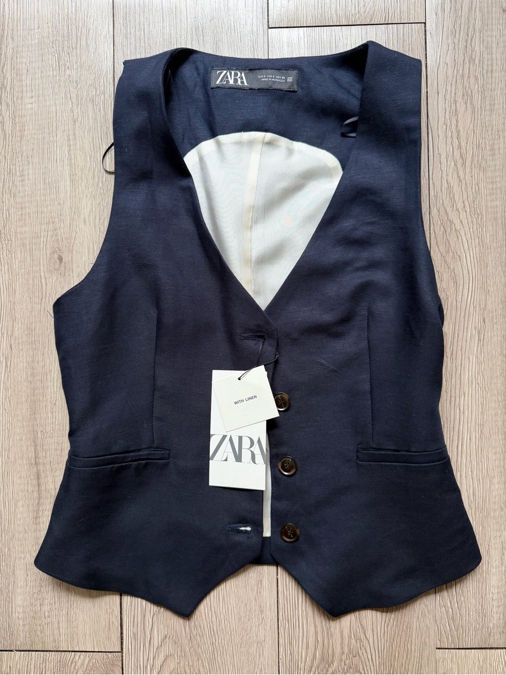 Zara fitted navy linen vest S nwt